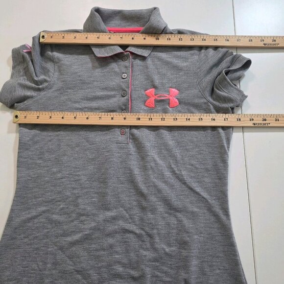 Under Armour Polo Women M Gray Pink Accents Heat Gear SS Semi Fitted Golf Active - Picture 4 of 13